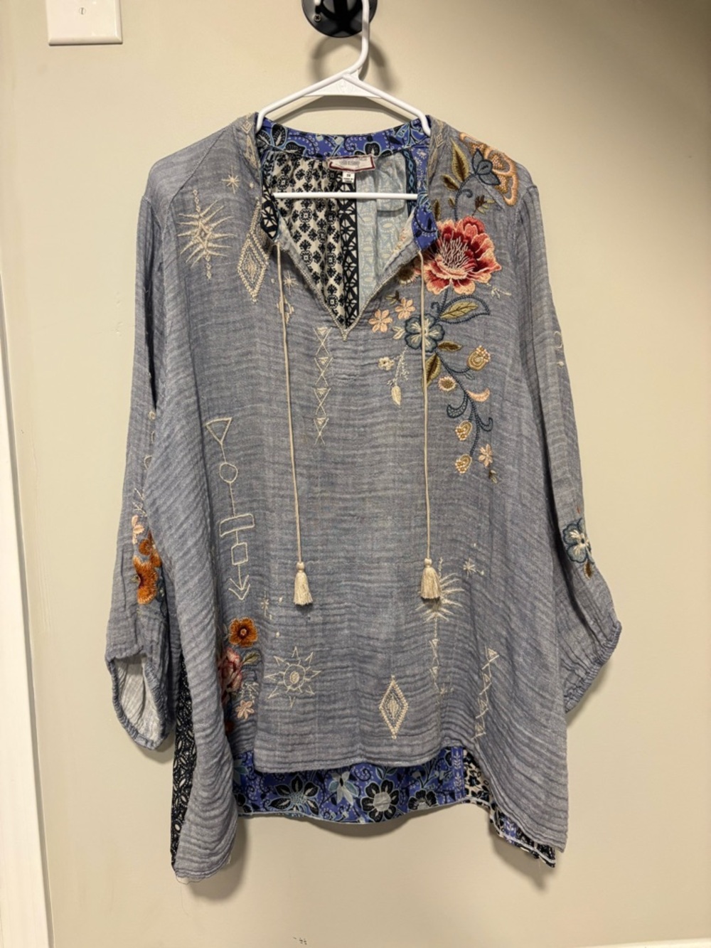 Johnny Was Slate Blue Embroidered Boho Tunic with Floral Detail